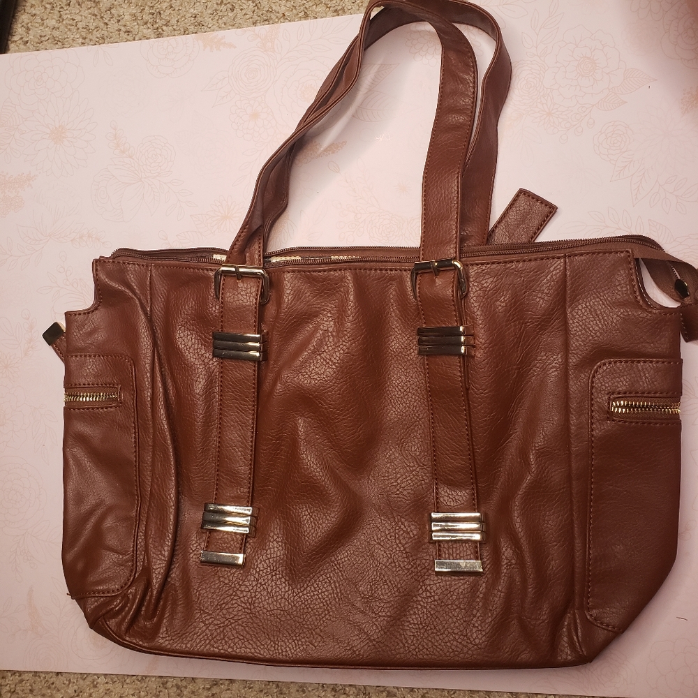 Brown zip tote with gold accents